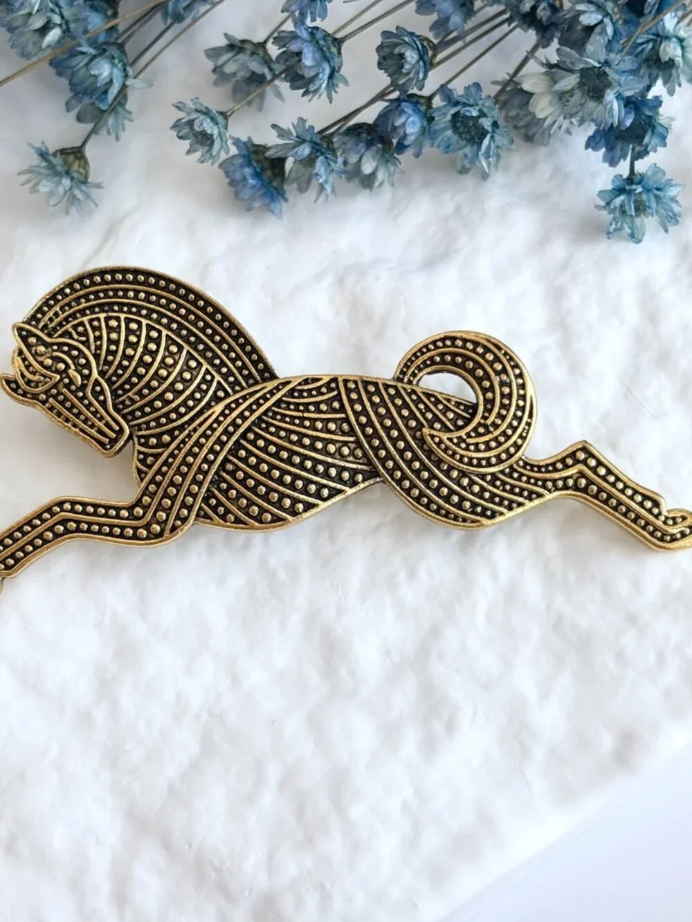 Leaping Horse Gold Toned Textured Beaded Vintage Inspired Brooch Pin